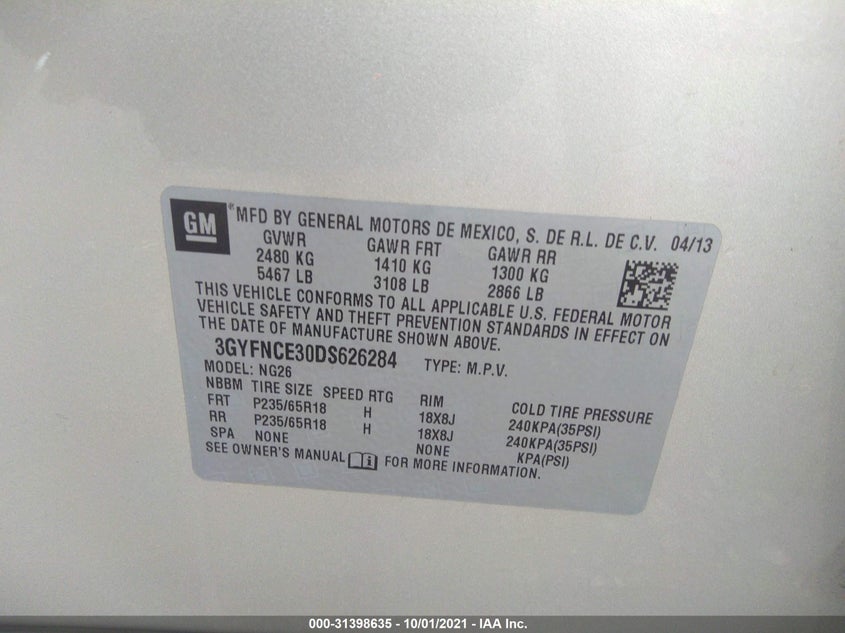 2013 Cadillac SRX VIN 3GYFNCE30DS626284 IAAI salvage auction — Side, Other, sold $4,975 on 2021-10-21 (photo 9)