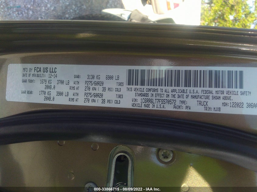 2015 RAM 1500 VIN 1C6RR6LT7FS570572 COPART salvage auction — Front End, Salvage Title, sold $2,625 on 2023-03-16 (photo 9)
