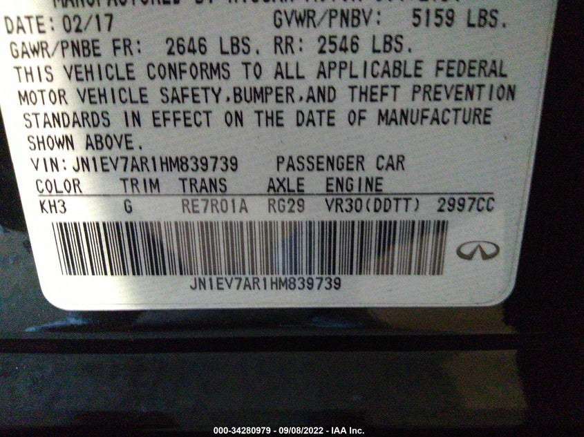 2017 Infiniti Q50 VIN JN1EV7AR1HM839739 IAAI salvage auction — Front End, Other, sold $5,000 on 2022-10-04 (photo 9)