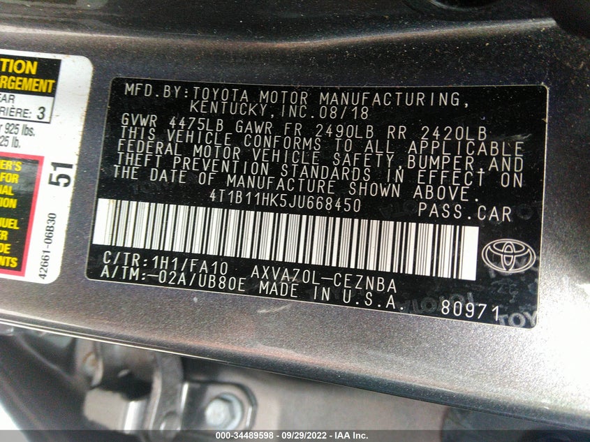 2018 Toyota Camry VIN 4T1B11HK5JU668450 IAAI salvage auction — Unknown, Other, sold $13,125 on 2022-11-28 (photo 9)