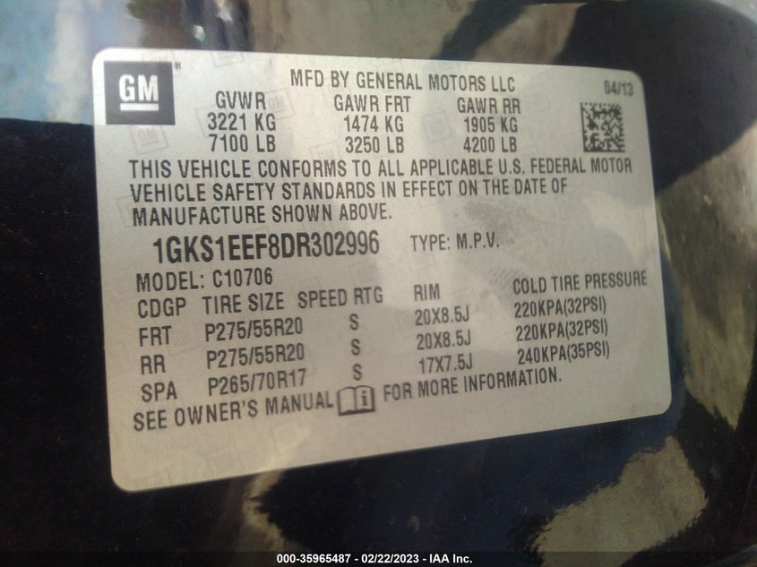 2013 GMC YUKON VIN 1GKS1EEF8DR302996 COPART salvage auction — Right Side, Salvage Title, sold $5,075 on 2023-05-03 (photo 9)