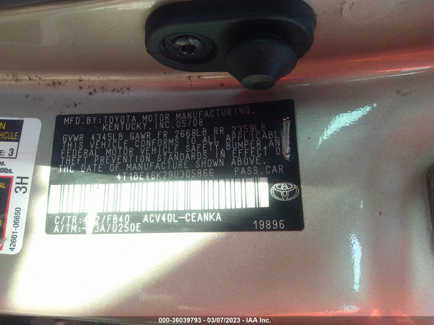 2009 Toyota Camry VIN 4T1BE46K29U305866 IAAI salvage auction — Unknown, Other, sold $1,000 on 2023-04-26 (photo 9)
