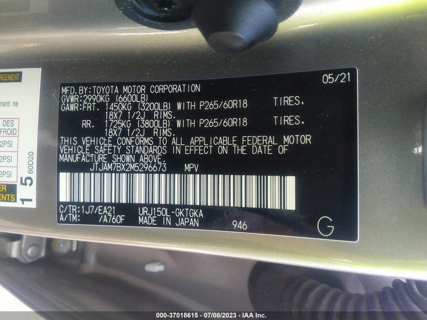 2021 Lexus Gx VIN JTJAM7BX2M5296673 IAAI salvage auction — Unknown, Other, sold $20,100 on 2023-10-17 (photo 9)