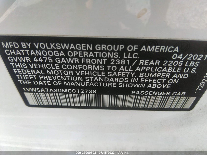 2021 VOLKSWAGEN PASSAT VIN 1VWSA7A30MC012738 COPART salvage auction — Unknown, CLEAR (Tennessee), sold $13,000 on 2023-07-26 (photo 9)