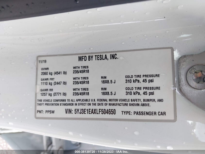 2020 Tesla Model 3 VIN 5YJ3E1EAXLF504650 IAAI salvage auction — Front End, Clean, sold $11,000 on 2024-01-30 (photo 9)