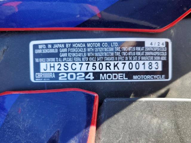 2024 Honda Cbr1000 VIN JH2SC7750RK700183 COPART salvage auction — ALL OVER, Ok - Cert Of Title-Salvage, sold $3,900 on 2026-07-30 (photo 9)