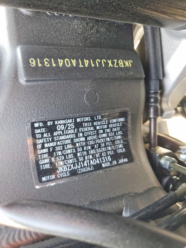 2026 Kawasaki Zx636 VIN JKBZXJJ14TA041316 COPART salvage auction — SIDE, Sc - Cert Of Title-Salvage, sold $5,300 on 2026-07-30 (photo 9)