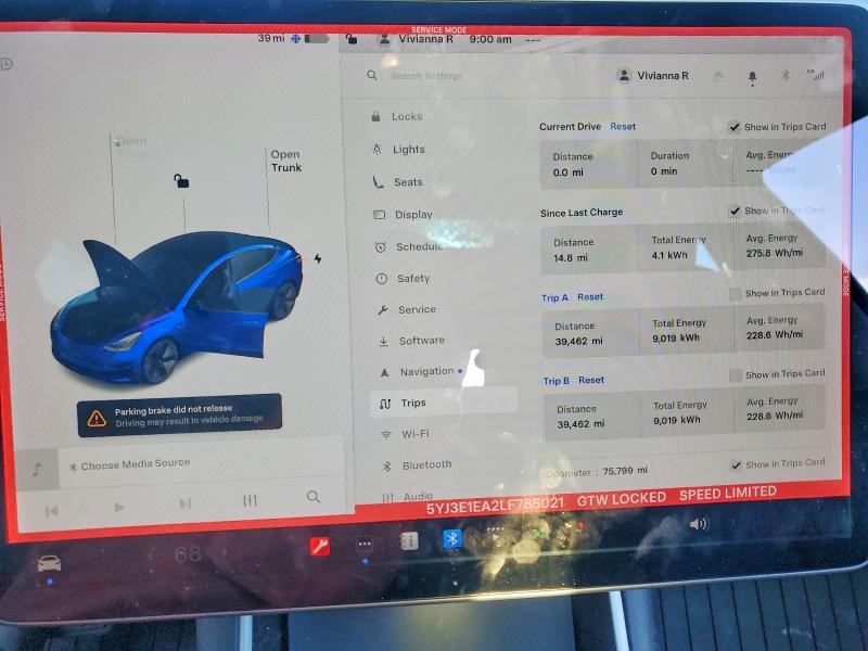 2020 Tesla Model 3 VIN 5YJ3E1EA2LF785021 COPART salvage auction — FRONT END, Nj - Cert Of Title-Salvage, sold $6,200 on 2026-07-20 (photo 9)