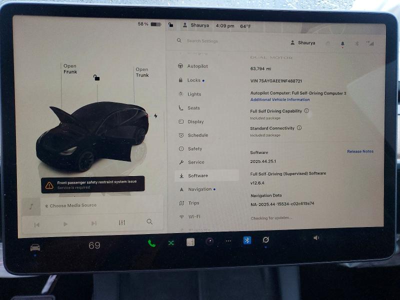 2022 Tesla Model y VIN 7SAYGAEE1NF488721 COPART salvage auction — FRONT END, Ca - Salvage Certificate, sold $7,600 on 2026-08-28 (photo 9)