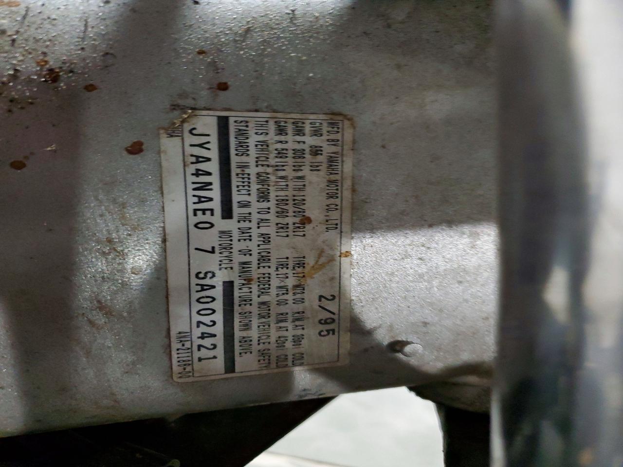 1995 Yamaha YZF600 VIN JYA4NAE07SA002421 COPART salvage auction — All Over, SC - CERT OF TITLE-SALVAGE, sold $150 on 2026-06-19 (photo 9)
