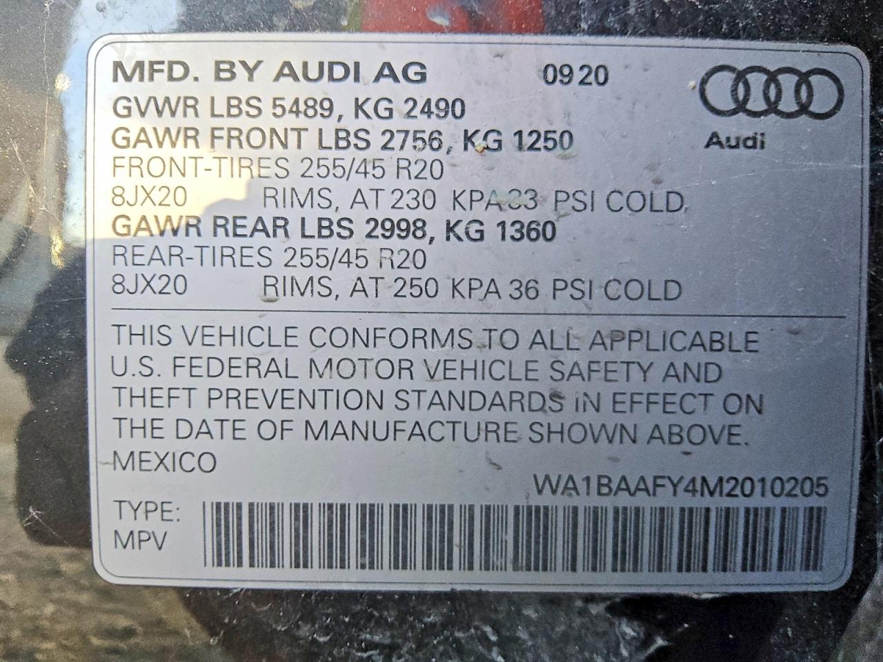 2021 Audi Q5 VIN WA1BAAFY4M2010205 COPART salvage auction — Minor Dent/Scratches, TX - CERTIFICATE OF TITLE, sold $9,300 on 2026-01-29 (photo 8)