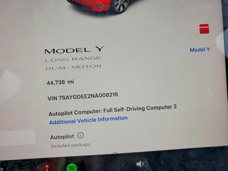 2022 Tesla Model y VIN 7SAYGDEE2NA008216 COPART salvage auction — FRONT END, Tn - Salvage Certificate, sold $9,600 on 2026-07-22 (photo 9)