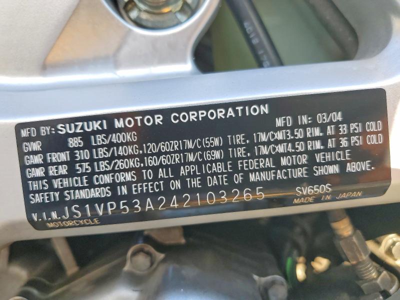 2004 Suzuki Sv650 VIN JS1VP53A242103265 COPART salvage auction — ALL OVER, CA - SALVAGE CERTIFICATE, sold $60 on 2026-07-02 (photo 9)