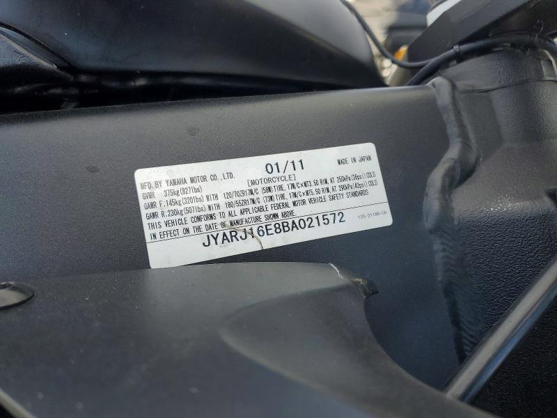 2011 Yamaha Yzfr6 VIN JYARJ16E8BA021572 COPART salvage auction — FRONT END, Pa - Certificate Of Salvage, sold $1,100 on 2026-07-30 (photo 9)