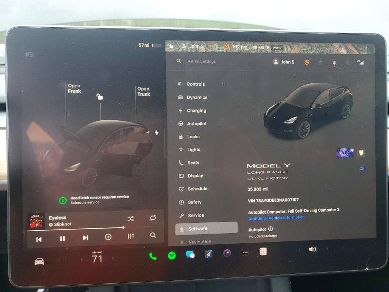 2022 Tesla Model y VIN 7SAYGDEE3NA007107 COPART salvage auction — FRONT END, Sc - Cert Of Title-Salvage, sold $4,650 on 2026-07-23 (photo 9)