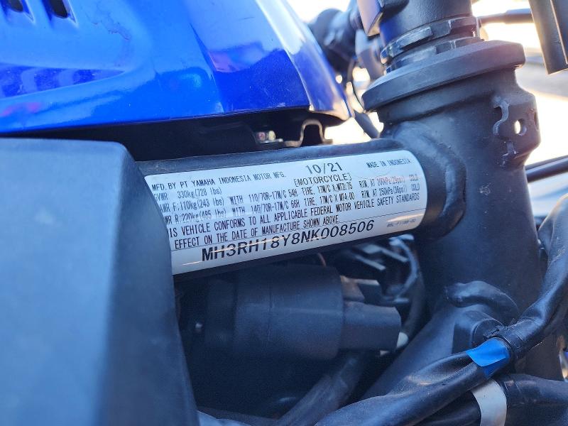 2022 Yamaha Yzf VIN MH3RH18Y8NK008506 COPART salvage auction — SIDE, Al - Cert Of Title-Salvage Title, sold $575 on 2026-07-09 (photo 8)