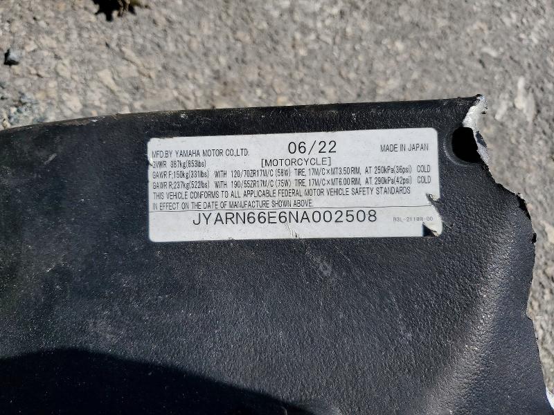 2022 Yamaha Yzfr1 VIN JYARN66E6NA002508 COPART salvage auction — ROLLOVER, Fl - Certificate Of Destruction, sold $625 on 2026-07-02 (photo 9)
