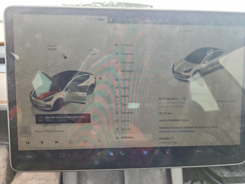2022 Tesla Model 3 VIN 5YJ3E1EB1NF271124 COPART salvage auction — FRONT END, Qc - Gravement Accidente, sold $4,100 on 2026-07-07 (photo 9)