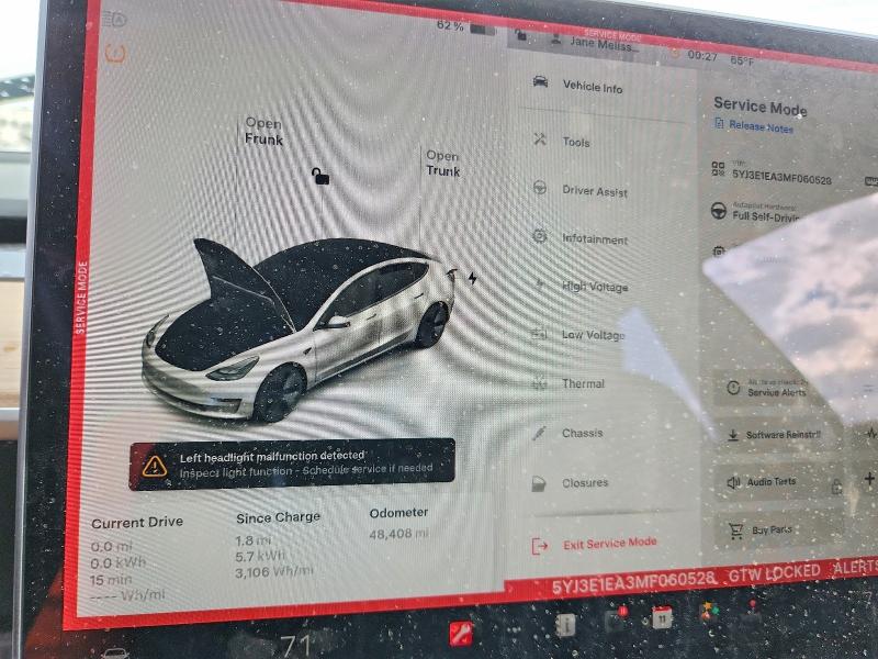 2021 Tesla Model 3 VIN 5YJ3E1EA3MF060528 COPART salvage auction — REAR END, Tx - Salvage Vehicle Title, sold $4,650 on 2026-07-20 (photo 9)