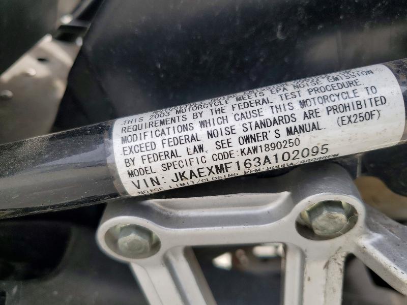 2003 Kawasaki Ex250 VIN JKAEXMF163A102095 COPART salvage auction — MECHANICAL, CO - BILL OF SALE-PARTS ONLY, sold $40 on 2026-07-29 (photo 9)