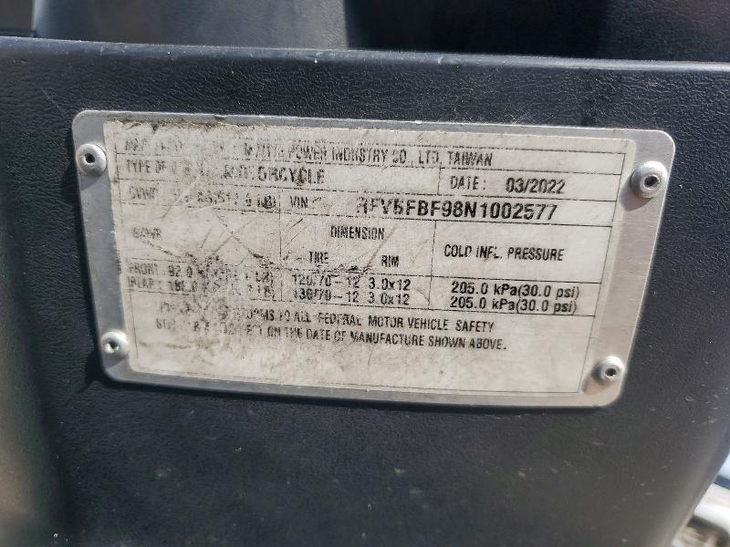 2022 VIN RFVBFBF98N1002577 COPART salvage auction — MINOR DENT/SCRATCHES, CA - SALVAGE CERTIFICATE, sold $175 on 2026-07-16 (photo 9)