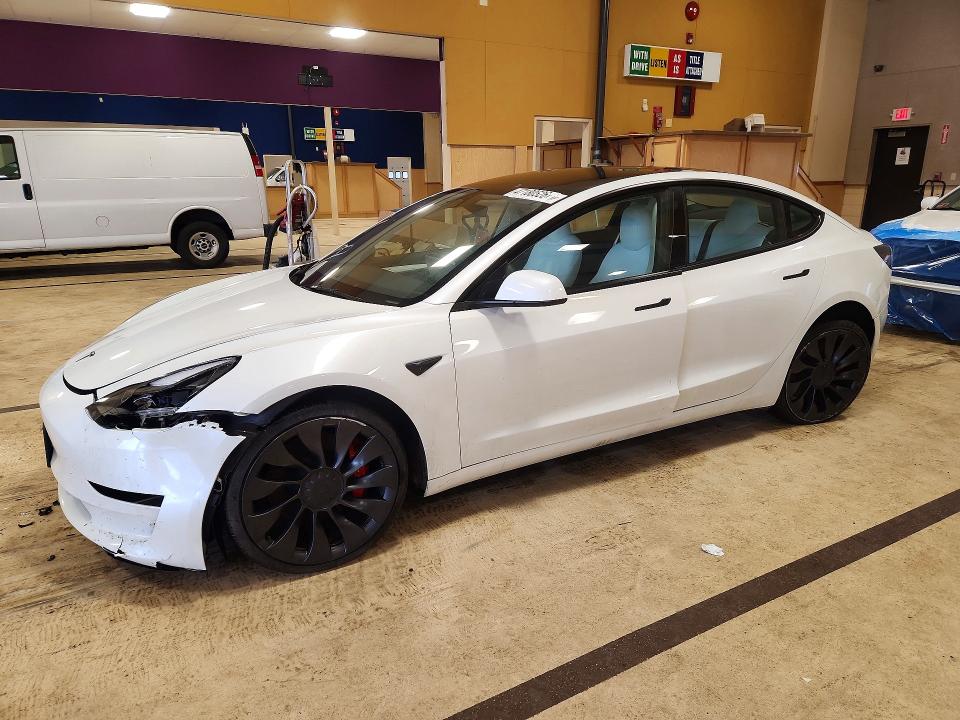 2023 Tesla Model 3 VIN 5YJ3E1EC3PF632753 COPART salvage auction — FRONT END, Ri - Salvage Certificate Of Title, sold $4,250 on 2026-07-21 (photo 1)