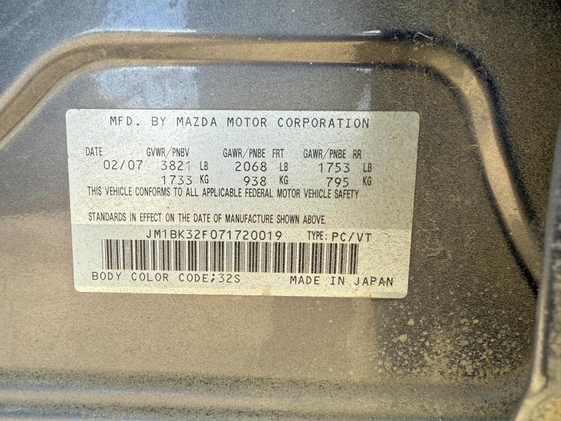 2007 Mazda 3 VIN JM1BK32F071720019 COPART salvage auction — FRONT END, AB - OOP - SALVAGE, sold $175 on 2026-07-14 (photo 7)