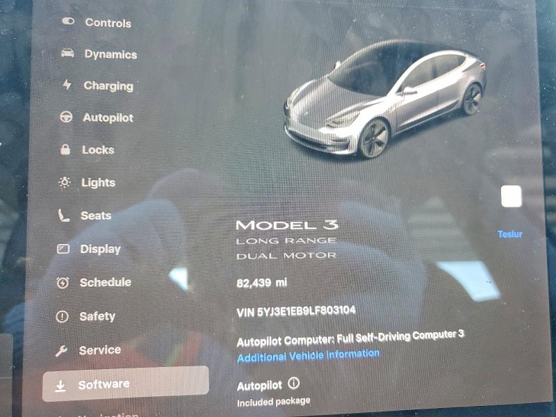 2020 Tesla Model 3 VIN 5YJ3E1EB9LF803104 COPART salvage auction — SIDE, FL, sold $3,750 on 2026-07-24 (photo 9)
