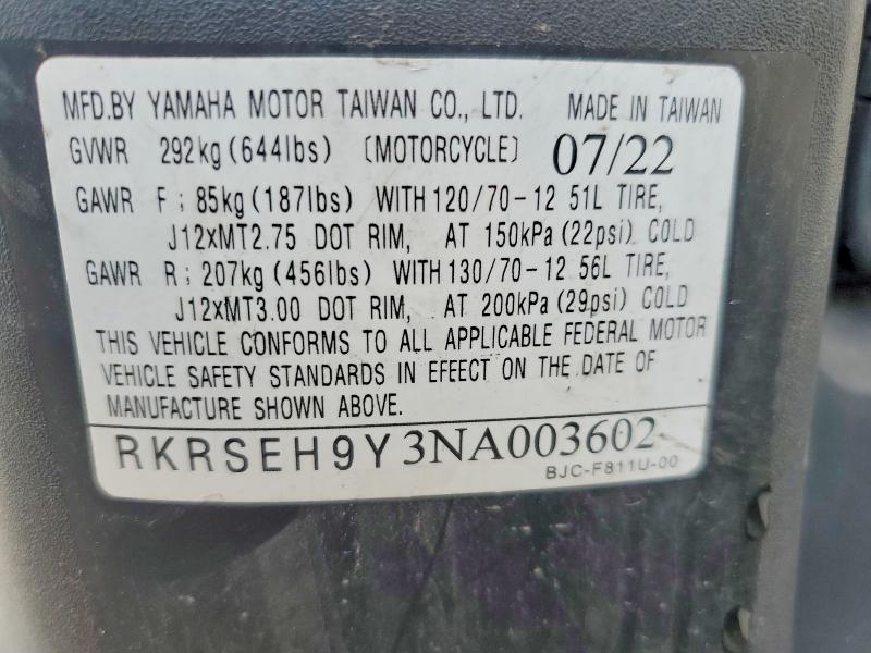 2022 Yamaha VIN RKRSEH9Y3NA003602 COPART salvage auction — VANDALISM, Id - Salvage Certificate Of Title, sold $650 on 2026-07-09 (photo 8)