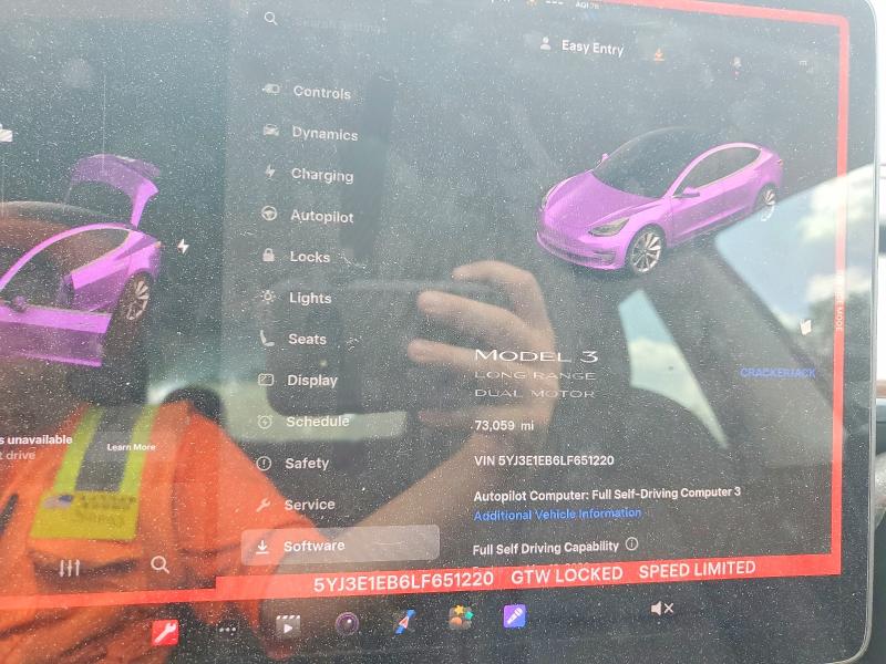 2020 Tesla Model 3 VIN 5YJ3E1EB6LF651220 COPART salvage auction — FRONT END, NC - SALVAGE CERTIFICATE OF TITLE, sold $1,900 on 2026-07-29 (photo 9)
