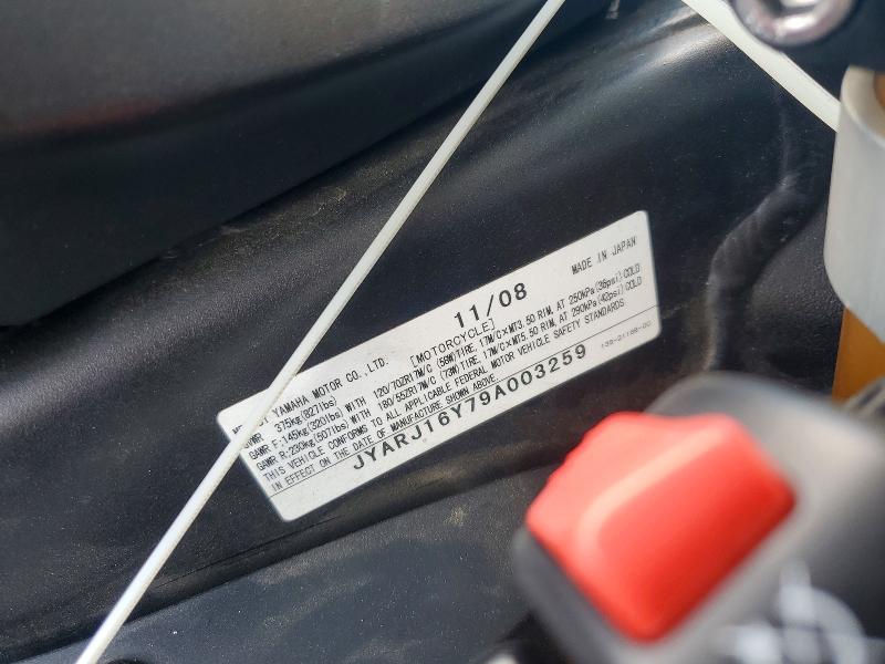 2009 Yamaha Yzfr6 VIN JYARJ16Y79A003259 COPART salvage auction — UNDERCARRIAGE, Ca - Salvage Certificate, sold $2,450 on 2026-07-02 (photo 9)