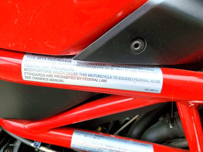 2013 Ducati Streetfighter VIN ZDM11BMV8DB013435 COPART salvage auction — MINOR DENT/SCRATCHES, Id - Salvage Certificate Of Title, sold $2,600 on 2026-07-02 (photo 9)
