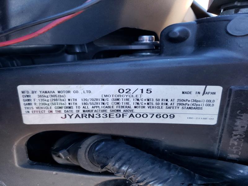 2015 Yamaha Fz VIN JYARN33E9FA007609 COPART salvage auction — FRONT END, Id - Salvage Certificate Of Title, sold $2,100 on 2026-07-09 (photo 9)