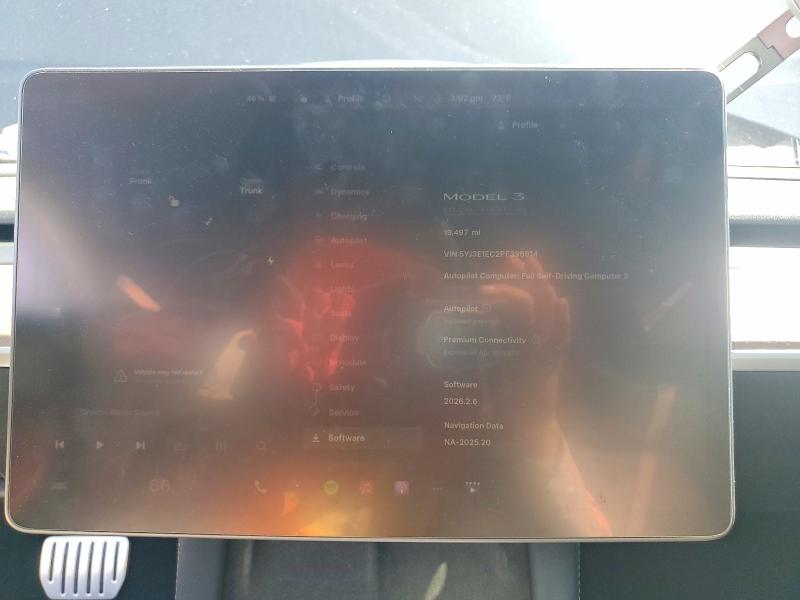 2023 Tesla Model 3 VIN 5YJ3E1EC2PF398914 COPART salvage auction — FRONT END, Ca - Salvage Certificate, sold $10,500 on 2026-07-31 (photo 9)
