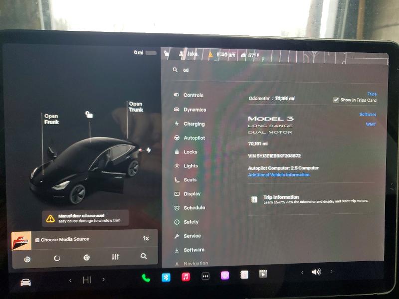2019 Tesla Model 3 VIN 5YJ3E1EB6KF208872 COPART salvage auction — NORMAL WEAR, WV - CERTIFICATE OF TITLE, sold $8,200 on 2026-07-09 (photo 9)