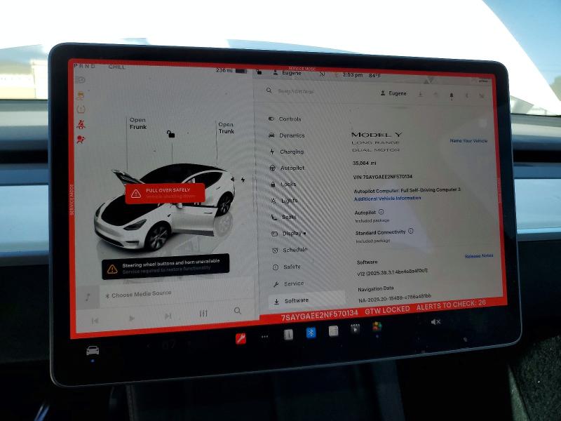 2022 Tesla Model y VIN 7SAYGAEE2NF570134 COPART salvage auction — FRONT END, Salvage Title, sold $11,900 on 2026-07-14 (photo 9)