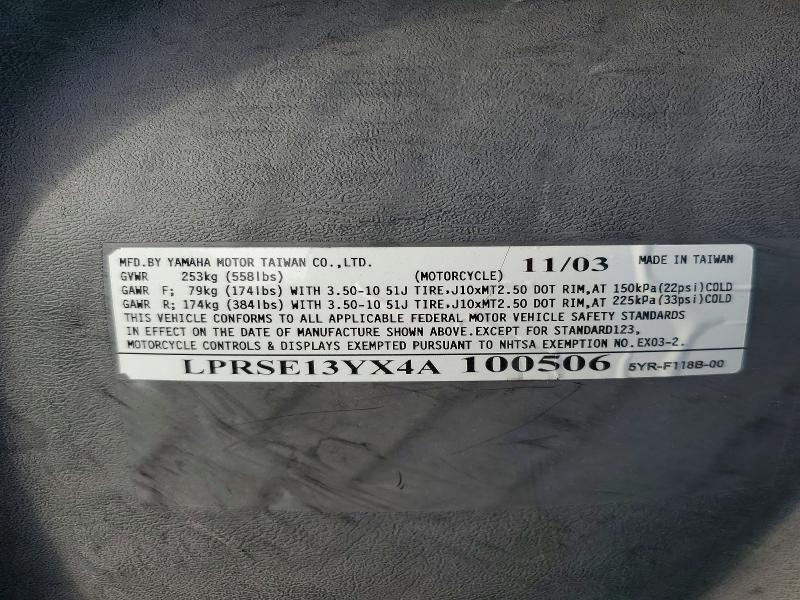 2004 Yamaha XC125 VIN LPRSE13YX4A100506 COPART salvage auction — MINOR DENT/SCRATCHES, CA - DIS/DLR/EXP ONLY CLEAN TITLE, sold $400 on 2026-07-09 (photo 9)