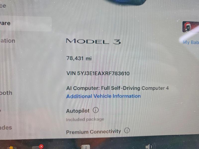 2024 Tesla Model 3 VIN 5YJ3E1EAXRF783610 COPART salvage auction — FRONT END, Salvage Title, sold $9,100 on 2026-07-20 (photo 9)