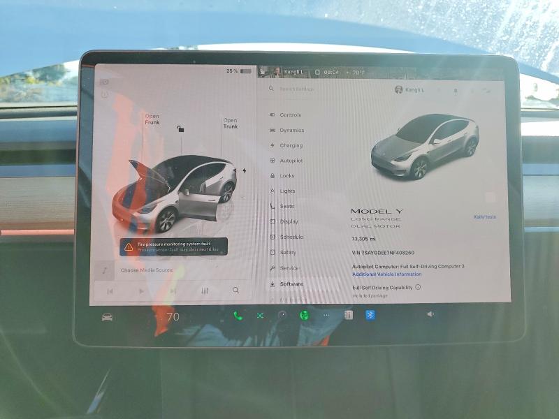 2022 Tesla Model y VIN 7SAYGDEE7NF408260 COPART salvage auction — FRONT END, Ca - Salvage Certificate, sold $11,000 on 2026-07-30 (photo 9)