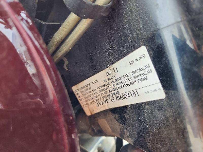 2011 Yamaha VIN JYAVP28E7BA004181 COPART salvage auction — UNDERCARRIAGE, TX - SALVAGE VEHICLE TITLE, sold $1,300 on 2026-07-10 (photo 9)
