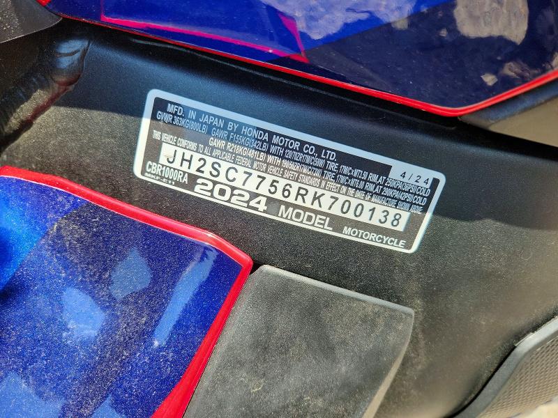 2024 Honda Cbr VIN JH2SC7756RK700138 COPART salvage auction — FRONT END, Wv - Salvage Certificate, sold $4,800 on 2026-07-23 (photo 9)