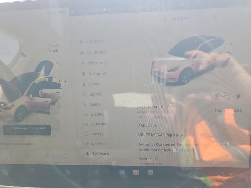 2022 Tesla Model y VIN 7SAYGAEE7NF466917 COPART salvage auction — REAR END, Ca - Non-Repairable Vehicle Cert, sold $125 on 2026-07-21 (photo 9)