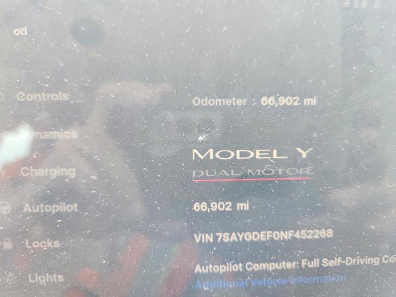 2022 Tesla Model y VIN 7SAYGDEF0NF452268 COPART salvage auction — FRONT END, Tx - Certificate Of Title, sold $6,900 on 2026-07-09 (photo 9)