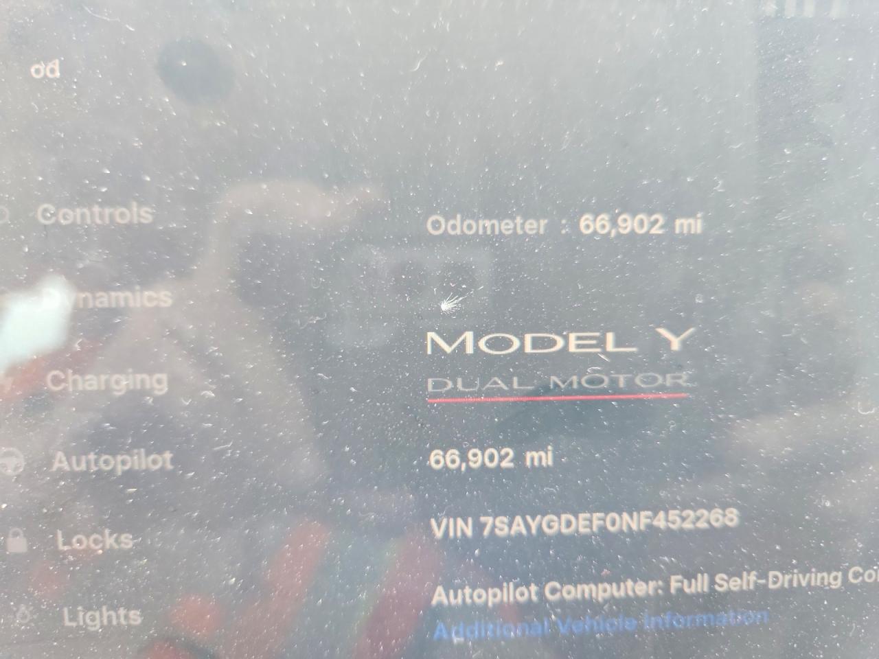 2022 Tesla Model Y VIN 7SAYGDEF0NF452268 COPART salvage auction — Front End, TX - CERTIFICATE OF TITLE, sold $6,900 on 2026-07-09 (photo 9)