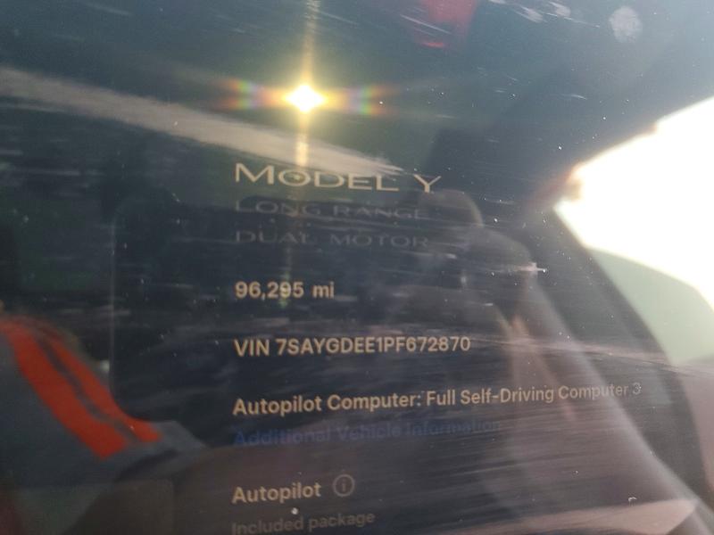 2023 Tesla Model y VIN 7SAYGDEE1PF672870 COPART salvage auction — FRONT END, Md - Cert Of Salvage > 75% Damage, sold $3,600 on 2026-07-14 (photo 9)