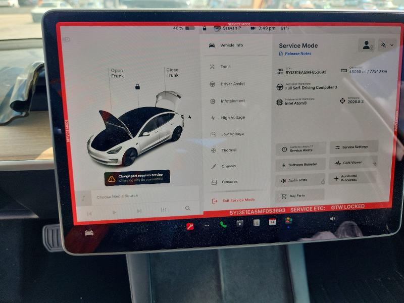 2021 Tesla Model 3 VIN 5YJ3E1EA5MF053693 COPART salvage auction — SIDE, Tx - Salvage Vehicle Title, sold $6,500 on 2026-07-09 (photo 9)