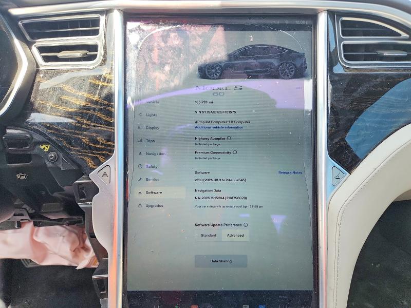 2016 Tesla Model s VIN 5YJSA1E12GF151575 COPART salvage auction — FRONT END, Ca - Salvage Certificate, sold $1,750 on 2026-07-27 (photo 9)