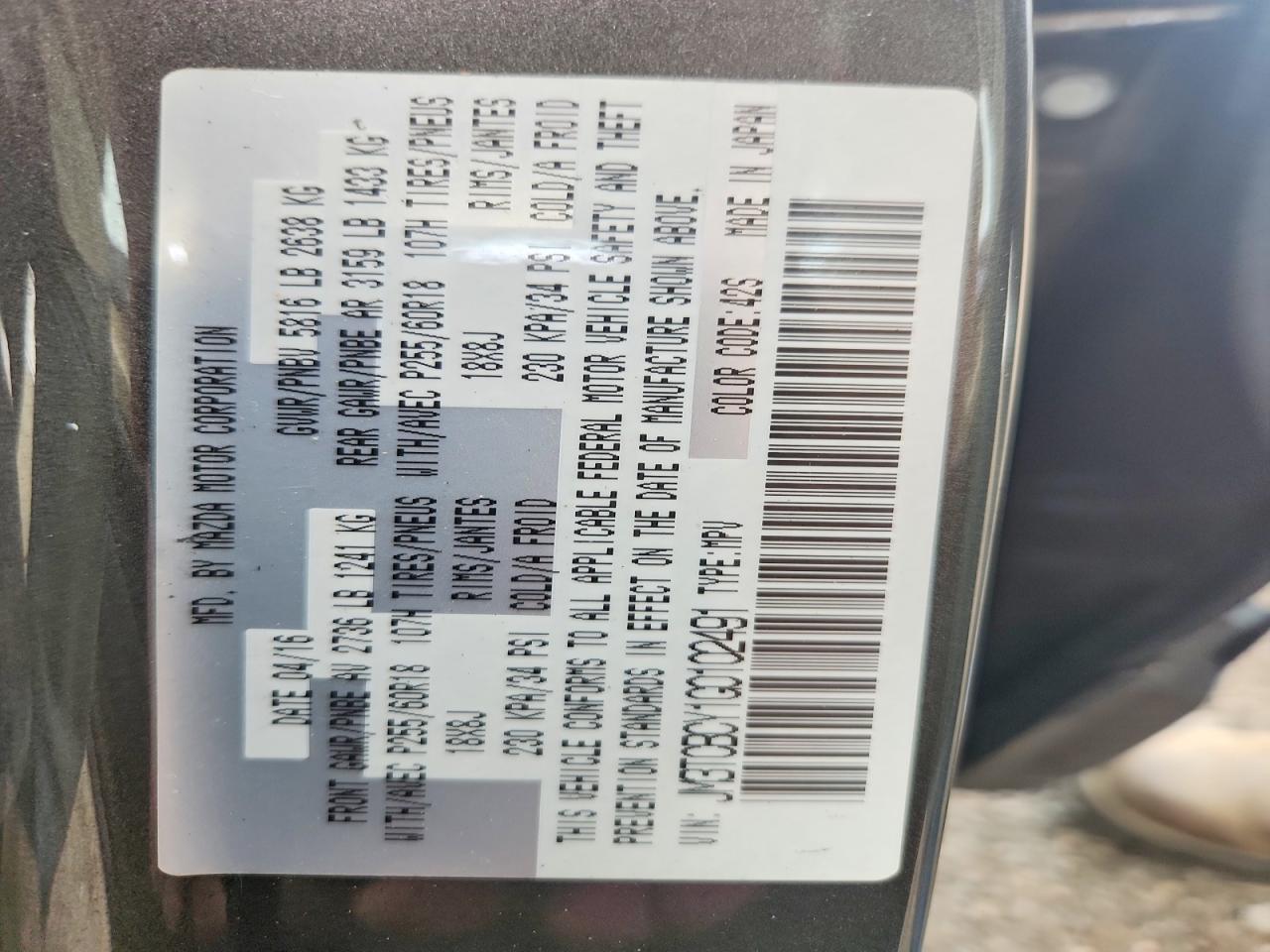 2016 Mazda Cx-9 VIN JM3TCBCY1G0102491 COPART salvage auction — FRONT END, Ct - Cert Of Title-Salvage, sold $3,300 on 2026-07-09 (photo 5)