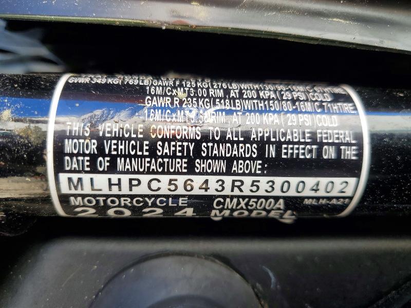 2024 Honda Cmx500 VIN MLHPC5643R5300402 COPART salvage auction — ALL OVER, Va - Cert Of Title - Salvage, sold $50 on 2026-07-30 (photo 9)