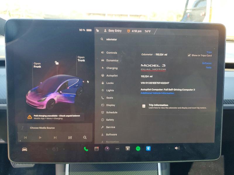2019 Tesla Model 3 VIN 5YJ3E1EB7KF432247 COPART salvage auction — SIDE, Sc - Cert Of Title-Salvage, sold $2,900 on 2026-07-24 (photo 9)
